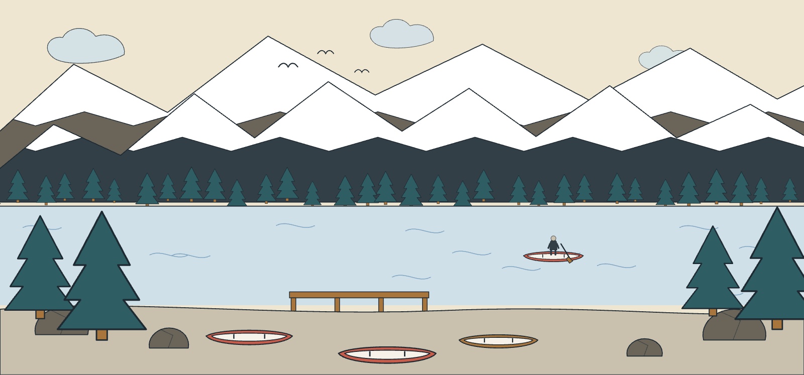 Illustration of Moraine Lake with red canoes, spruce forest and rock walls